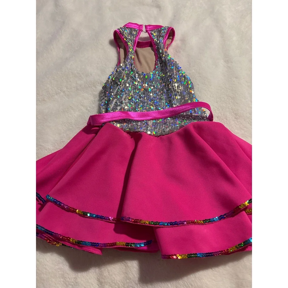 Weissman Kids LC Pink Silver Sequin Dance Costume Halter Dress Rainbow Trim